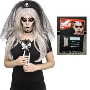 Skeleton Bride Veil Choker Bouquet Makeup Kit 5 Pc Halloween Costume Accessory